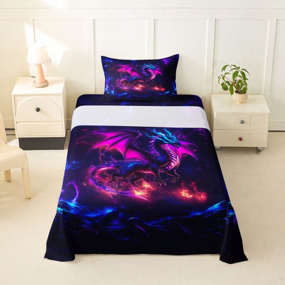 Feelyou Neon Flame Winged Dragon Twin Sheet Sets for Men Women Kids, Mystic Wildlife Bedding, Purple Blue, 3-Piece