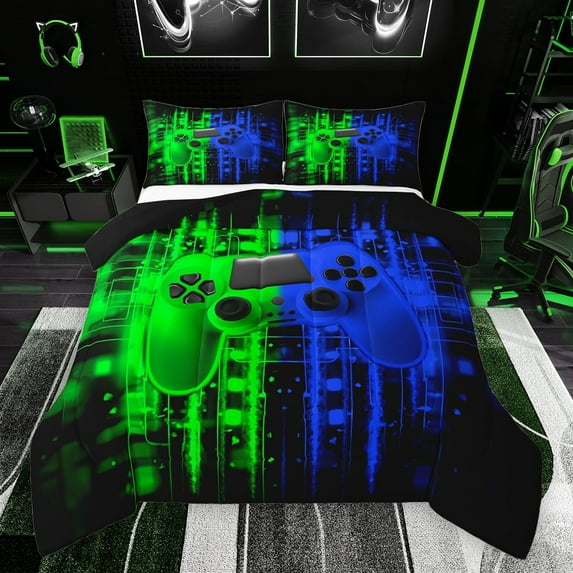 Feelyou Neon Game Console Bedding Comforter Set for Kids, Green Blue Square Abstract Twin Comforter Sets, Video Game Controller Reversible Bedding Set, Microfiber Bedroom Decor, 2 Pieces