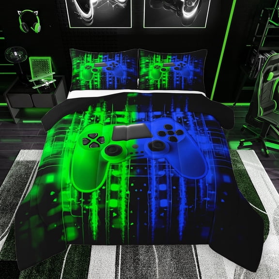 Feelyou Neon Game Console Bedding Comforter Set for Kids, Green Blue Square Abstract Twin Comforter Sets, Video Game Controller Reversible Bedding Set, Microfiber Bedroom Decor, 2 Pieces