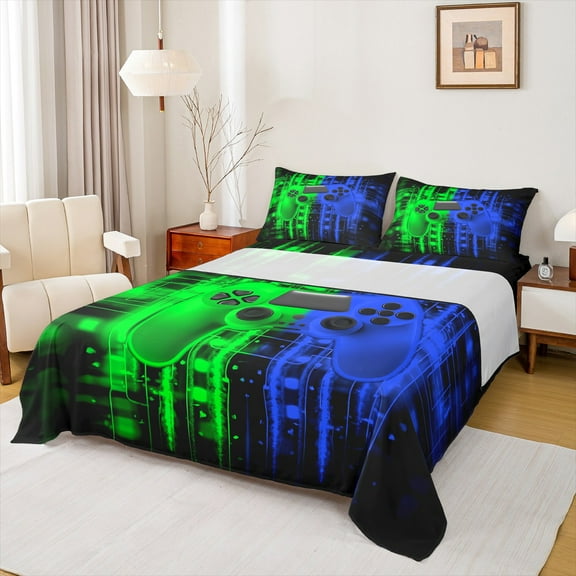 Feelyou Neon Game Console Twin Sheet Sets for Kids, Green Blue Square Abstract Twin Fitted Sheet, Video Game Controller Flat Sheet, Microfiber Bedroom Decor, 3 Pieces