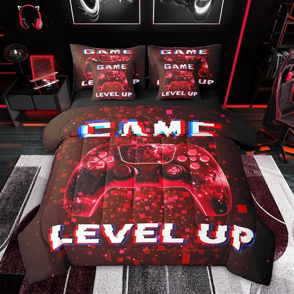 Feelyou Neon Glowing Gamepad Bedding Comforter Set 7pcs for Teens, Cartoon Game Controller King Bedding Sets, Abstract Honeycomb Reversible Bed Sheets, Microfiber Bedroom Decor