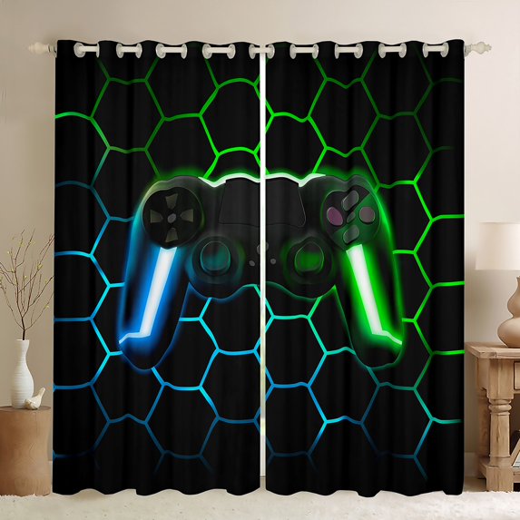 Feelyou Neon Glowing Gamepad Blackout Curtains Set of 2 (52x84 Each) for Kids, Blue Green Honeycomb Window Curtains, Video Game Console Curtains and Drapes, Living Room Curtains Decor
