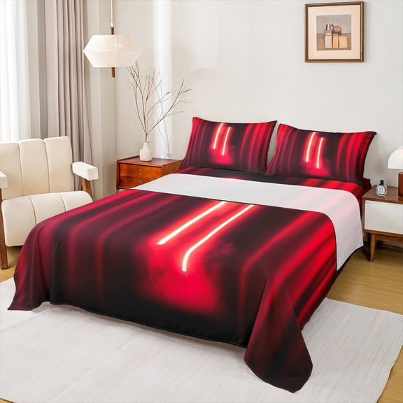 Feelyou Neon Glowing Lightning Bed Sheets, Red Stripes Abstract King Sheets, Teens Kids Boys Girls Sheet Set, Luxury Bedroom Decor, 4pcs