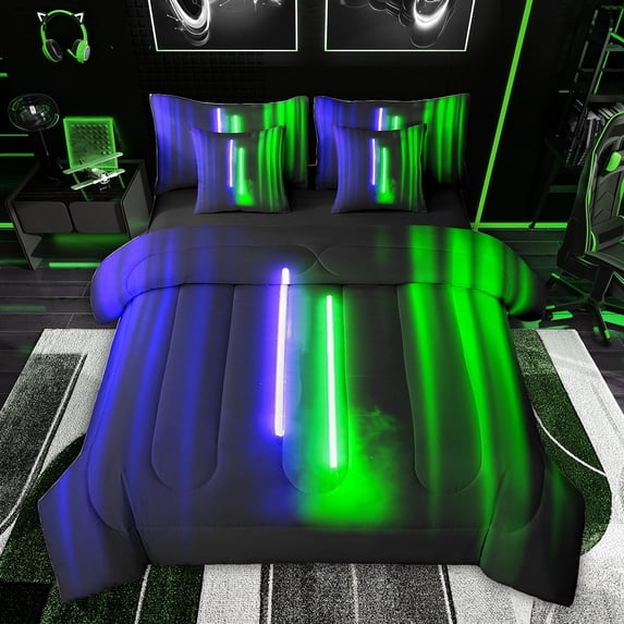 Feelyou Neon Glowing Lightning Bedding Comforter Set 7 Pieces, Blue Green Stripes Abstract Full Bedding Set, Teens Kids Boys Girls Reversible Fitted Sheet Flat Sheet, Ultra Soft Bedroom Decor