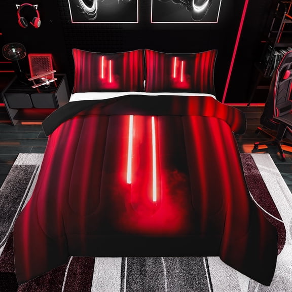 Feelyou Neon Glowing Lightning Bedding Comforter Set, Red Stripes Abstract Twin Comforter Sets, Teens Kids Boys Girls Reversible Bedding Set, Luxury Bedroom Decor, 2pcs