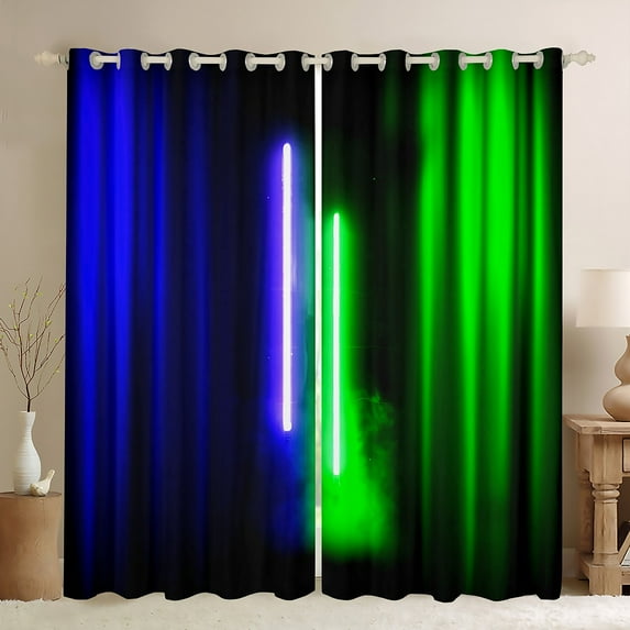 Feelyou Neon Glowing Lightning Curtains Pack of 2 (42x84 Each), Blue Green Stripes Abstract Curtains Blackout, Teens Kids Boys Girls Bedroom Curtains, Living Room Curtains Decor