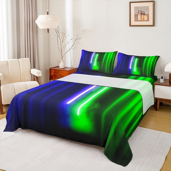 Feelyou Neon Glowing Lightning Twin Sheet Sets, Blue Green Stripes Abstract Twin Fitted Sheet, Teens Kids Boys Girls Flat Sheet, Ultra Soft Bedroom Decor, 3pcs
