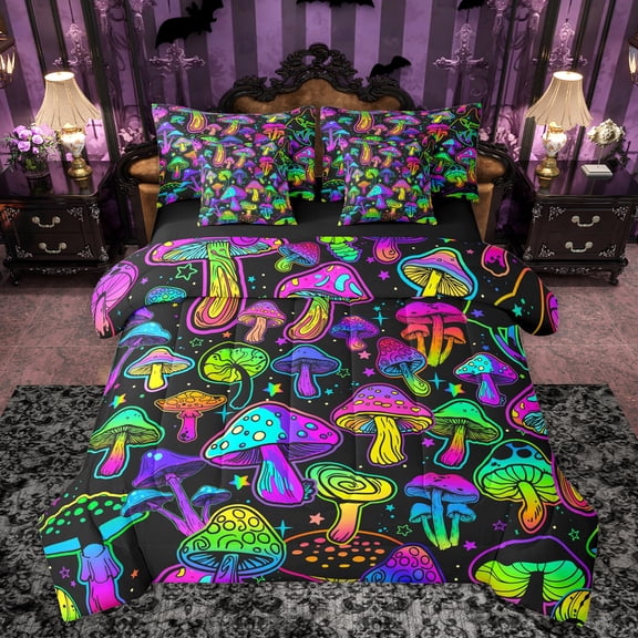 Feelyou Neon Glowing Mushroom Bedding Comforter Set 7pcs, Mystic Stars Galaxy King Bedding Sets,Teens Kids Boys Girls Reversible Bed Sheets, Luxury Bedroom Decor
