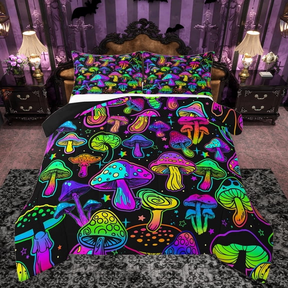 Feelyou Neon Glowing Mushroom Queen Comforter Set, Mystic Stars Galaxy Bedding Sets,Teens Kids Boys Girls Reversible Bedding Comforter Set, Luxury Bedroom Decor, 3-Piece