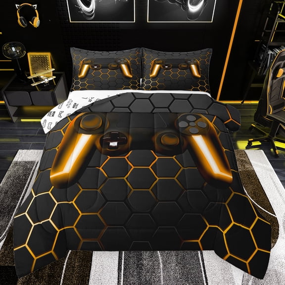 Feelyou Neon Gold Gamepad Bedding Comforter Set, Chic Honeycomb Abstract Twin Comforter Sets, Teens Kids Boys Girls Reversible Bedding Set, Luxury Bedroom Decor, 2-Piece