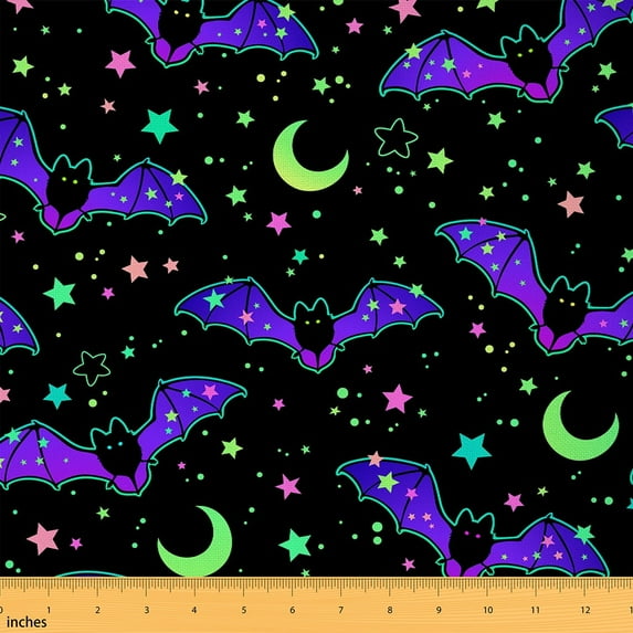 Feelyou Neon Gothic Bat Fabric by the Yard 1 Yard, Cartoon Stars Moon Home Decor Fabric by the Yard, Kids Happy Halloween Sewing Fabric, Breathable Home Decor