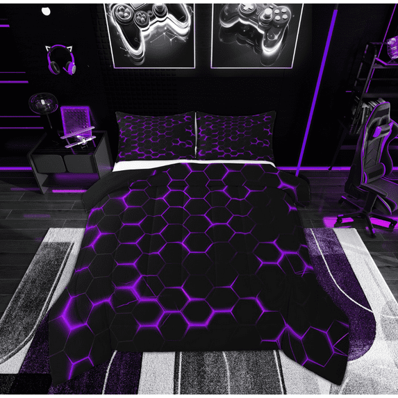 Feelyou Neon Gradient Geometric Bedding Comforter Set, Purple Honeycomb Twin Comforter Sets, Teens Boys Girls Kids Reversible Bedding Set, Ultra Soft Home Decor, 2-Piece