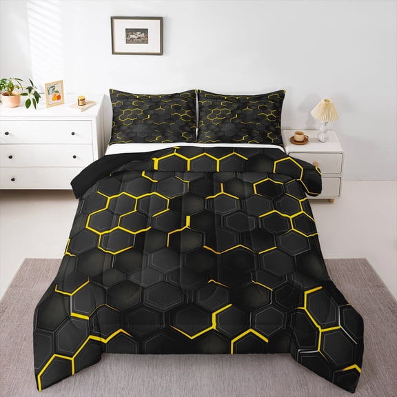 Feelyou Neon Gradient Geometric Bedding Comforter Set, Yellow Honeycomb Twin Comforter Sets, Teens Boys Girls Kids Reversible Bedding Set, Breathable Home Decor, 2pcs