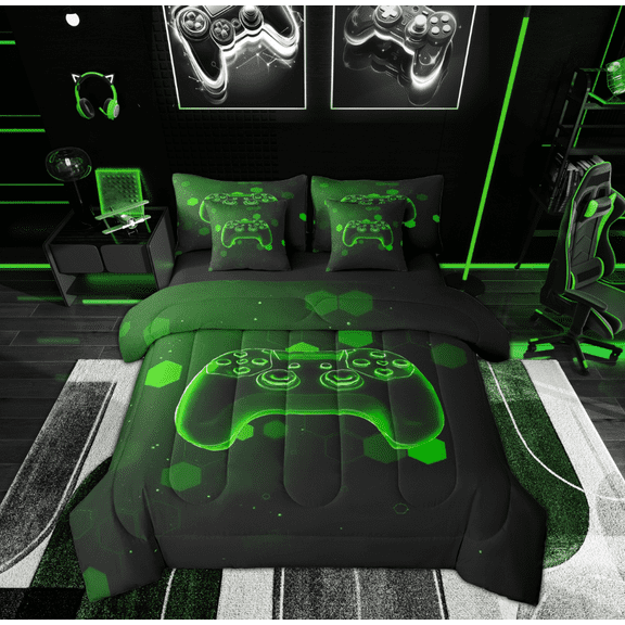 Feelyou Neon Green Gamepad Bedding Comforter Set 7-Piece for Boys, Futuristic Game Console King Bedding Sets, Chic Honeycomb Reversible Bed Sheets, Luxury Bedroom Decor