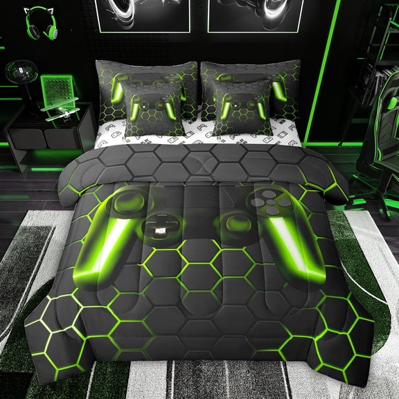 Feelyou Neon Green Gamepad Bedding Comforter Set 7pcs, Chic Honeycomb Abstract King Bedding Sets, Teens Kids Boys Girls Reversible Bed Sheets, Ultra Soft Bedroom Decor