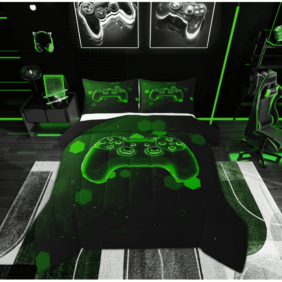 Feelyou Neon Green Gamepad Full Size Comforter Sets for Boys, Futuristic Game Console Bedding Comforter Set, Chic Honeycomb Reversible Bedding Sets, Luxury Bedroom Decor, 3pcs