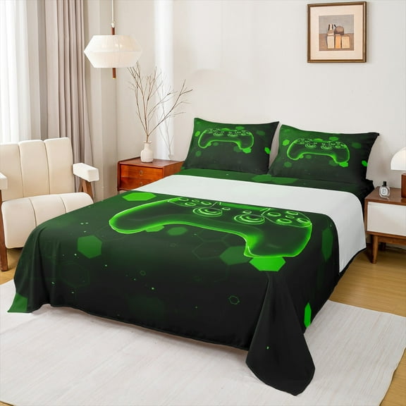 Feelyou Neon Green Gamepad Twin Sheet Sets for Boys, Futuristic Game Console Twin Fitted Sheet, Chic Honeycomb Flat Sheet, Luxury Bedroom Decor, 3pcs