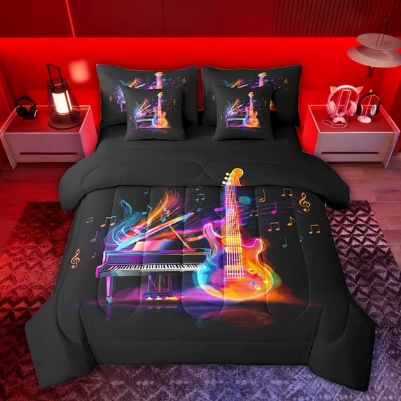 Feelyou Neon Guitar Piano Bedding Comforter Set 7pcs, Musical Note Music King Bedding Sets