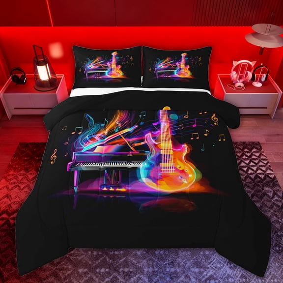 Feelyou Neon Guitar Piano Teen Twin Comforter Sets, Musical Note Music Bedding Set, 2pcs