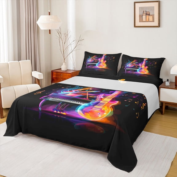 Feelyou Neon Guitar Piano Teen Twin Sheet Sets, Musical Note Music Bedding, 3 Pieces