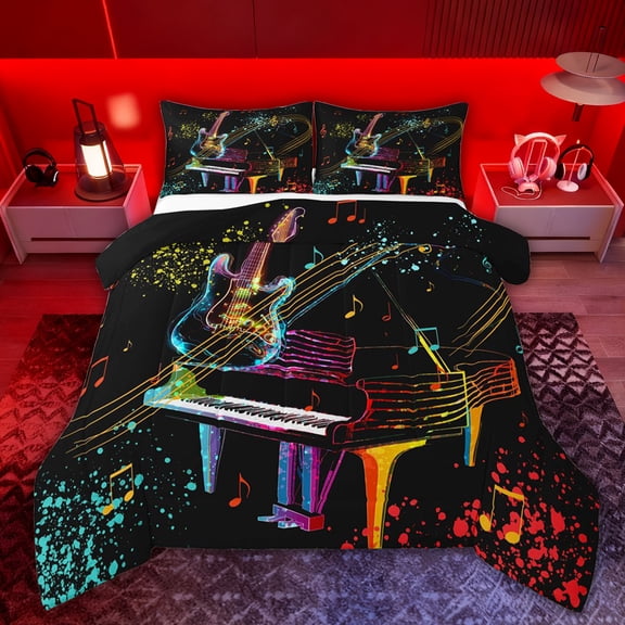 Feelyou Neon Guitar Piano Twin Comforter Sets, Watercolor Splash Bedding Set, 2-Piece
