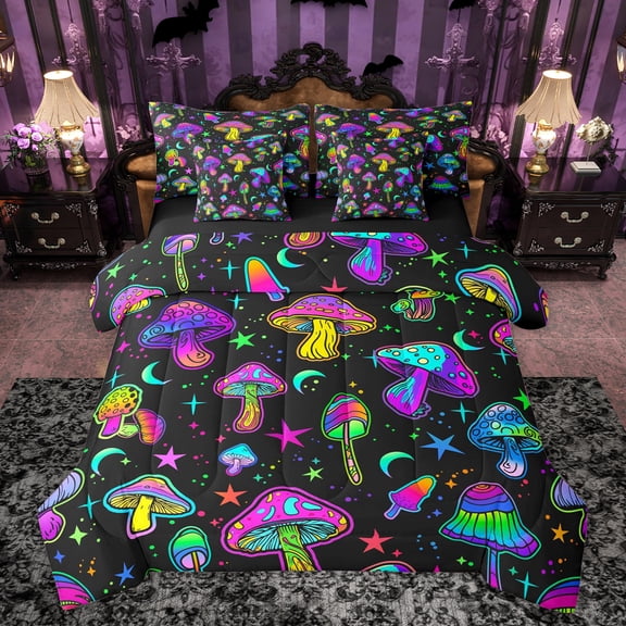 Feelyou Neon Jungle Mushroom Bedding Comforter Set 7 Pieces, Dreamy Glitter Stars Full Bedding Set, Cartoon Plant Botanical Reversible Fitted Sheet Flat Sheet, Super Cozy Room Decor