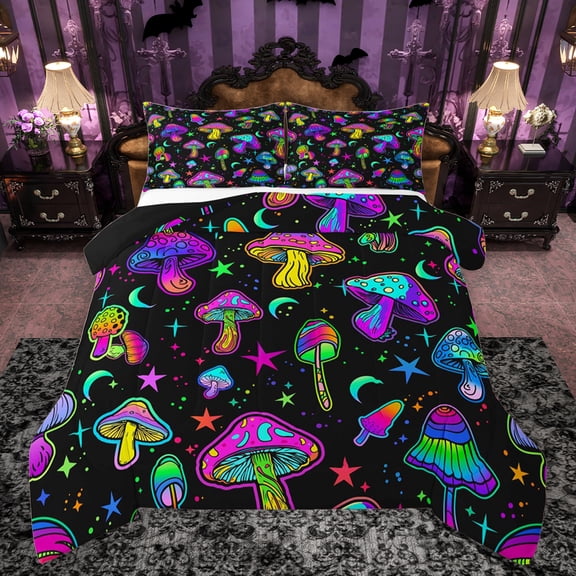Feelyou Neon Jungle Mushroom Bedding Comforter Set, Dreamy Glitter Stars Twin Comforter Sets, Cartoon Plant Botanical Reversible Bedding Set, Super Cozy Room Decor, 2 Pieces