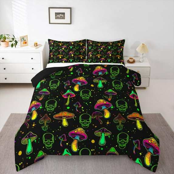 Feelyou Neon Jungle Mushroom Bedding Comforter Set for Teen, Green Skull Skeleton Twin Comforter Sets, Cartoon Theme Reversible Bedding Set, Microfiber Bedroom Decor, 2 Pieces