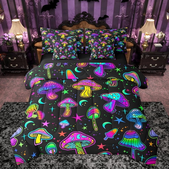 Feelyou Neon Jungle Mushroom Twin Bedding Sets 7-Piece, Dreamy Glitter Stars Bedding Comforter Set, Cartoon Plant Botanical Reversible Sheet Sets, Super Cozy Room Decor
