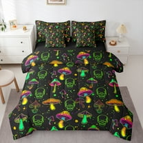 Feelyou Neon Jungle Mushroom Twin Bedding Sets 7-Piece for Teen, Green Skull Skeleton Bedding Comforter Set, Cartoon Theme Reversible Sheet Sets, Microfiber Bedroom Decor