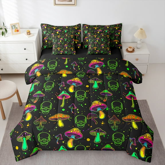 Feelyou Neon Jungle Mushroom Twin Bedding Sets 7-Piece for Teen, Green Skull Skeleton Bedding Comforter Set, Cartoon Theme Reversible Sheet Sets, Microfiber Bedroom Decor