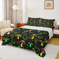 Feelyou Neon Jungle Mushroom Twin Sheet Sets for Teen, Green Skull Skeleton Twin Fitted Sheet, Cartoon Theme Flat Sheet, Microfiber Bedroom Decor, 3 Pieces