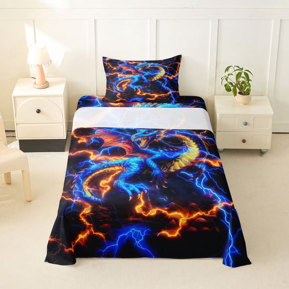 Feelyou Neon Lightning Dragon Twin Sheet Sets for Boys Men Kids, Cartoon Magic Animals Bedding, Blue Orange, 3 Pieces