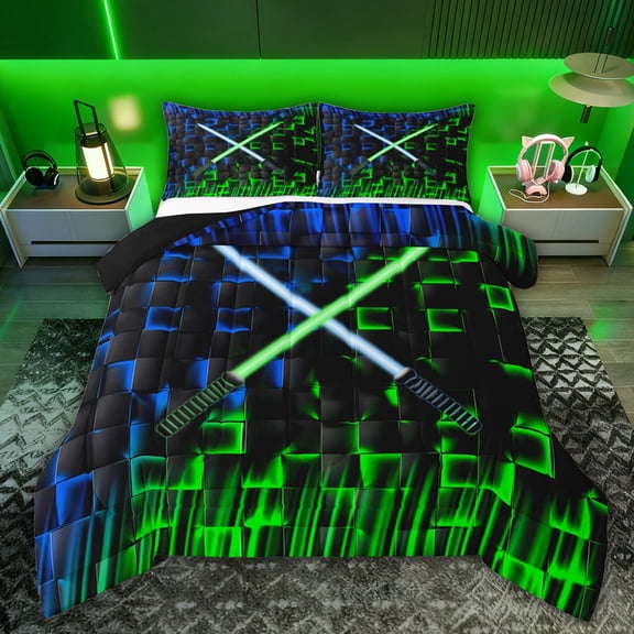 Feelyou Neon Lightning Kid Queen Comforter Set, Green Blue Honeycomb Bedding Set, 3pcs