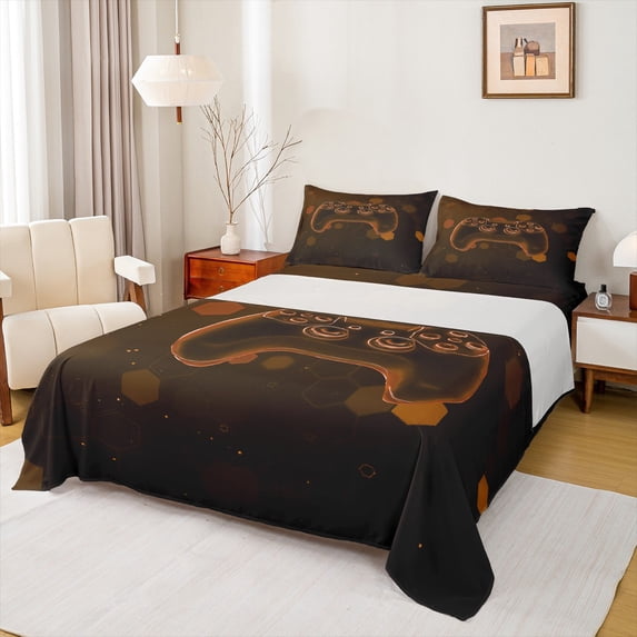 Feelyou Neon Orange Gamepad Queen Sheet Sets for Boys, Futuristic Game Console Flat Sheet, Chic Honeycomb Queen Fitted Sheet, Microfiber Bedroom Decor, 4pcs