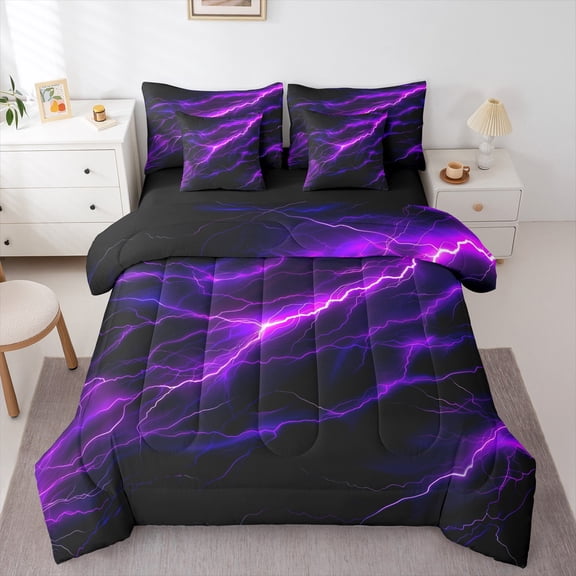 Feelyou Neon Purple Lightning Bedding Comforter Set 7-Piece for Kid, Nature Scenery King Bedding Sets, Tornado Storm Reversible Bed Sheets, Super Cozy Room Decor