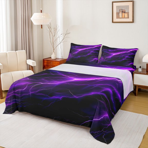 Feelyou Neon Purple Lightning Full Size Sheets for Kid, Nature Scenery Bed Sheets, Tornado Storm Sheet Sets, Super Cozy Room Decor, 4 Pieces