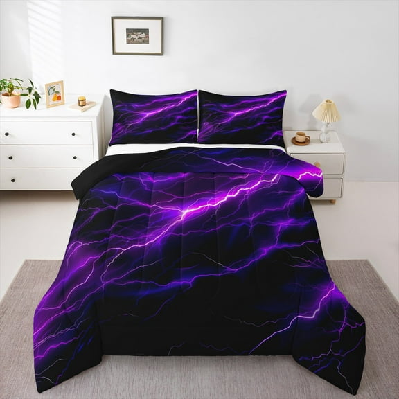 Feelyou Neon Purple Lightning Queen Comforter Set for Kid, Nature Scenery Bedding Sets, Tornado Storm Reversible Bedding Comforter Set, Super Cozy Room Decor, 3 Pieces