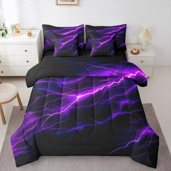 Feelyou Neon Purple Lightning Twin Bedding Sets 7-Piece for Kid, Nature Scenery Bedding Comforter Set, Tornado Storm Reversible Sheet Sets, Super Cozy Room Decor