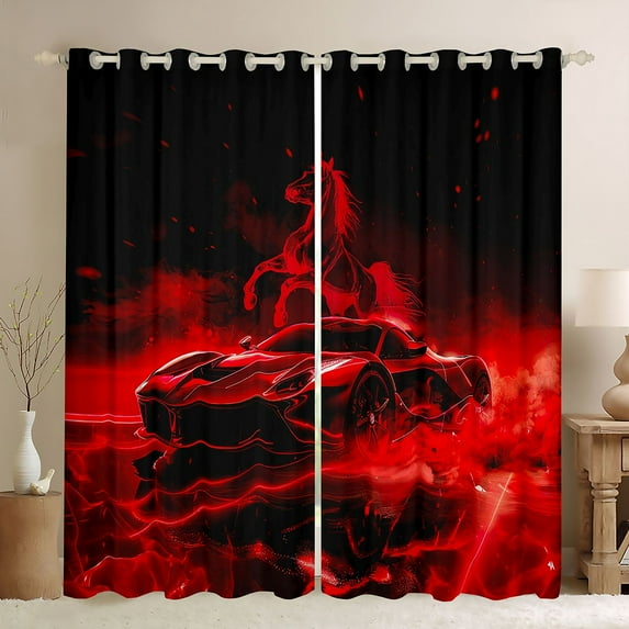 Feelyou Neon Race Car Black Out Curtains for Kid, Fashion Automobile Curtains Pack of 2 (42x63 Each), Red Racing Horse Animal Bedroom Curtains, Living Room Curtains Decor