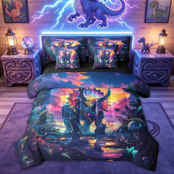 Feelyou Neon Rainbow Triceratops Twin Bedding Sets for Boys Girls Kids, Dreamy Dino Wildlife Bedding Comforter Set, Purple Blue, Black Reversible, 7 Pieces