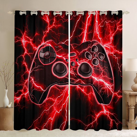 Feelyou Neon Red Gamepad Curtains Pack of 2 (42x84 Each) for Boy, Modern Gaming Lover Curtains Blackout, Lightning Print Bedroom Curtains, Microfiber Bedroom Decor