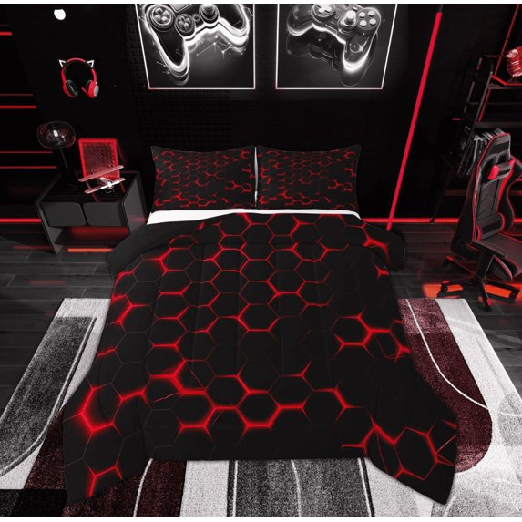 Feelyou Neon Red Honeycomb Bedding Comforter Set for Kid, Futuristic Geometric Twin Comforter Sets, Modern Hexagon Reversible Bedding Set, Luxury Bedroom Decor, 2pcs
