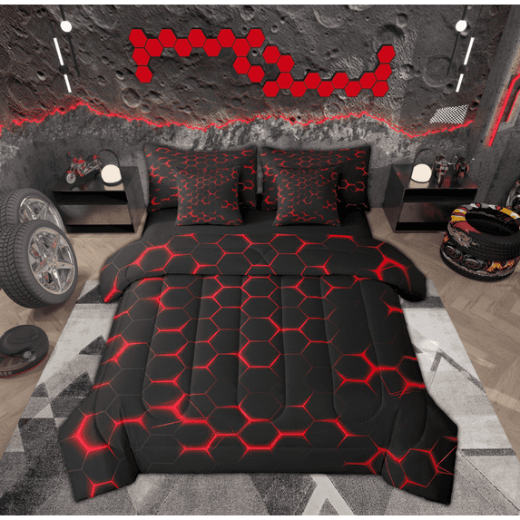 Feelyou Neon Red Honeycomb Twin Bedding Sets 7-Piece for Kid, Futuristic Geometric Bedding Comforter Set, Modern Hexagon Reversible Sheet Sets, Luxury Bedroom Decor