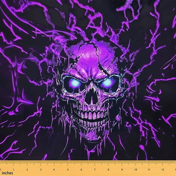 Feelyou Neon Skeleton Kids Fabric by the Yard 3 Yards, Purple Lightning Room Decor Fabric by the Yard, Gothic Halloween Fabric for Sewing, Ultra Soft Home Decor