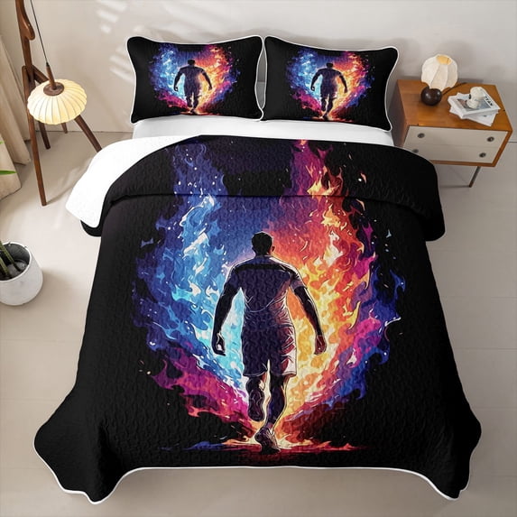 Feelyou Neon Soccer Print Quilt Full for Boys, Flame Athlete Full Bedspread Sets, Multicolor Black, 3-Piece