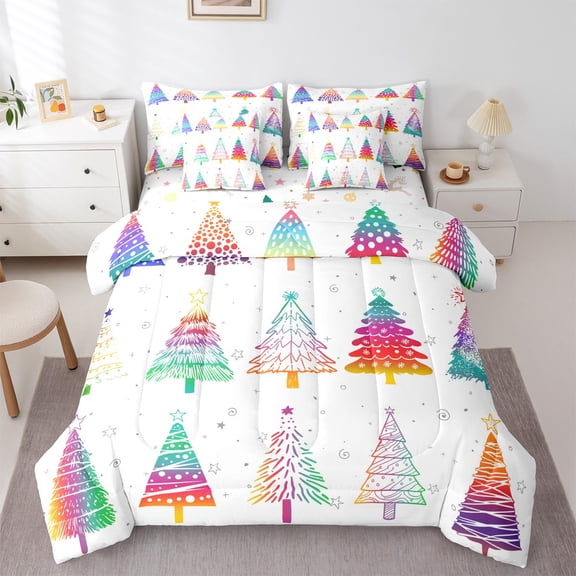 Feelyou Neon Xmas Tree Bedding Comforter Set 7 Pieces, Cartoon Christmas Stars Full Bedding Set, Teens Boys Girls Kids Reversible Fitted Sheet Flat Sheet, Ultra Soft Home Decor