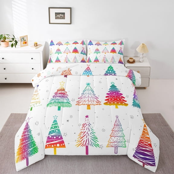 Feelyou Neon Xmas Tree Queen Comforter Set, Cartoon Christmas Stars Bedding Sets, Teens Boys Girls Kids Reversible Bedding Comforter Set, Ultra Soft Home Decor, 3pcs