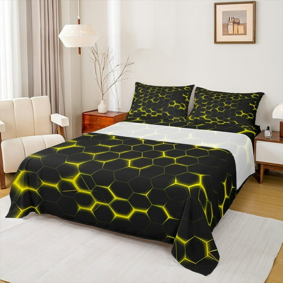 Feelyou Neon Yellow Honeycomb Bed Sheets for Kid, Futuristic Geometric King Sheets, Modern Hexagon Sheet Set, Microfiber Bedroom Decor, 4pcs