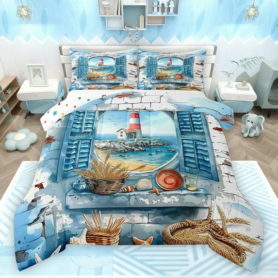 Feelyou Nutical Lighthouse Kids Full Size Comforter Sets, Watercolor Blue Bedding Comforter Set, Ocean Marine Theme Reversible Bedding Sets, Breathable Home Decor, 3-Piece
